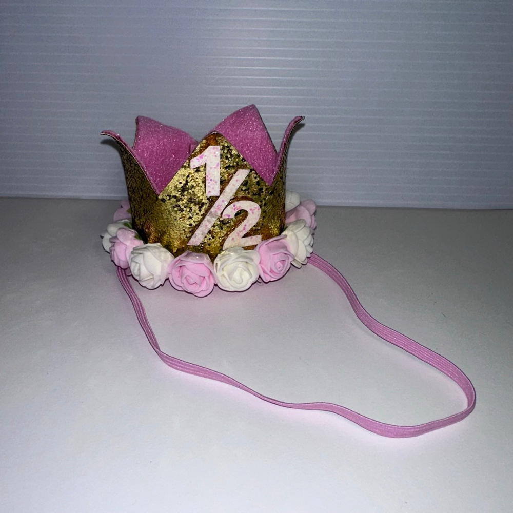 Baby Girl Pink Gold 1/2 Birthday Party Hat One Size Crown